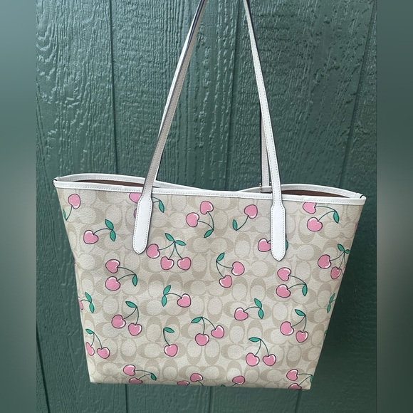 Coach Cream Cherry Print Tote Bag - Picture 9 of 12